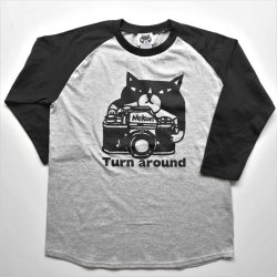 画像1: 七分袖ラグランTシャツ「猫とカメラ」ブラック＆グレー