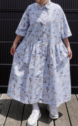 画像1: スケッチ柄七分袖ワンピース「light blue」