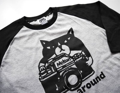 画像3: 七分袖ラグランTシャツ「猫とカメラ」ブラック＆グレー