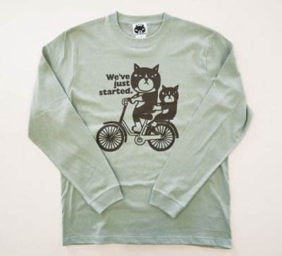画像1: ロングスリーブTシャツ「猫と自転車」くすみグリーン